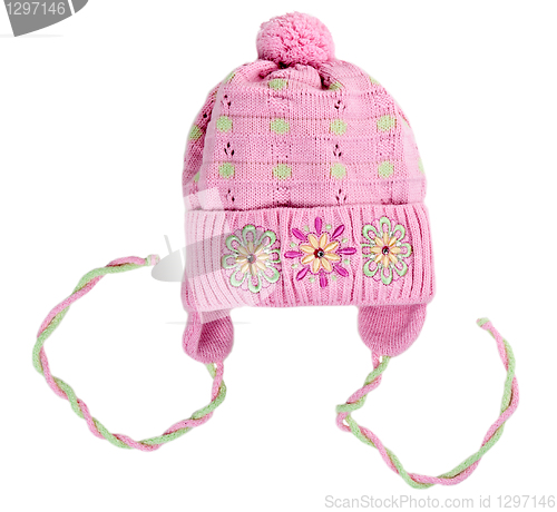 Image of baby knitted hat with a flower pattern