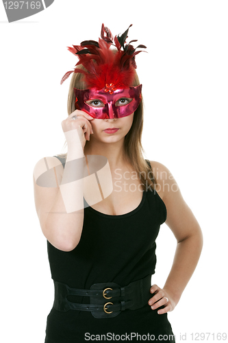 Image of girl in the red masquerade mask