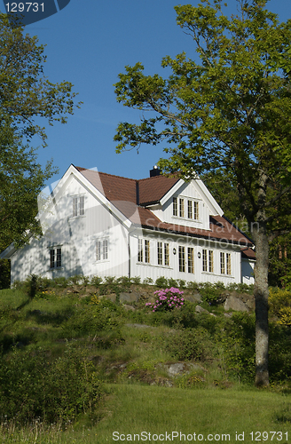 Image of White house in lush garden