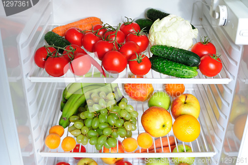 Image of Fresh fruit and vegetables in the fridge