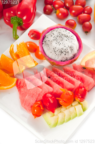 Image of mixed plate of fresh sliced fruits