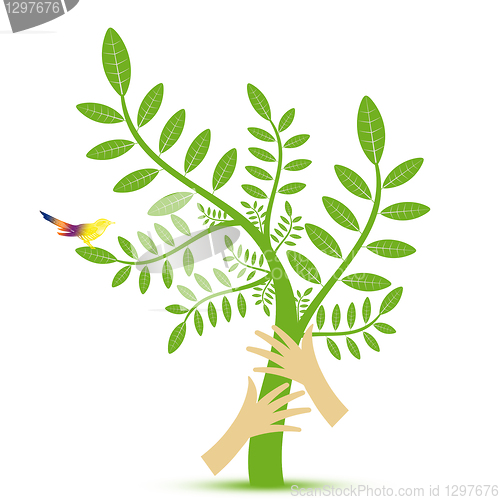 Image of Environmental concept with floral,bird and hand 