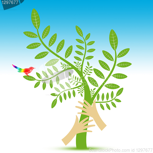 Image of Environmental concept with floral,bird and hand 