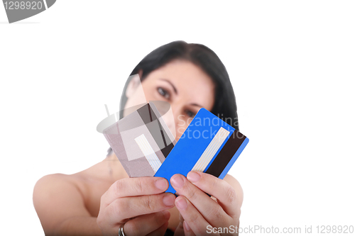 Image of woman with credit cards, shallow 