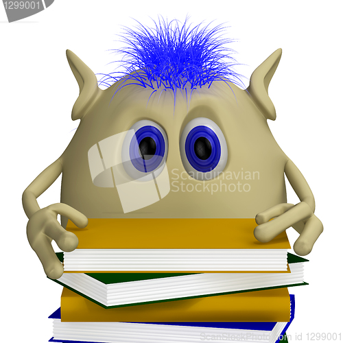 Image of 3D puppet hiding behind pile of books