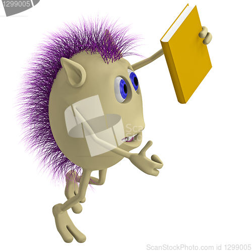 Image of 3D puppet with purple hairs holding book