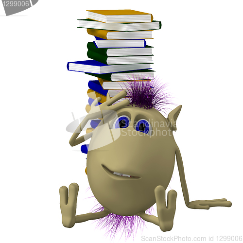 Image of 3D puppet sitting before pile of books