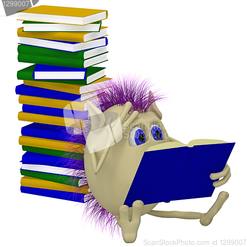 Image of 3D puppet sitting before pile of books