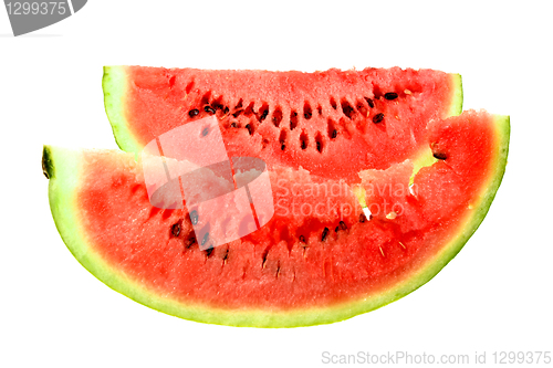Image of Two red slice of ripe water melon