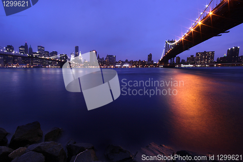 Image of Brooklyn Bridge and Manhattan Skyline At Night NYC