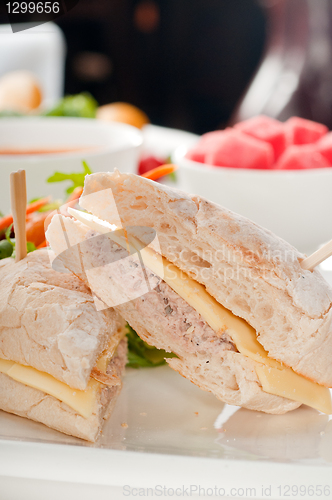 Image of tuna and cheese sandwich with salad