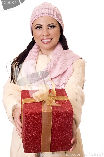 Image of Female holding wrapped present.