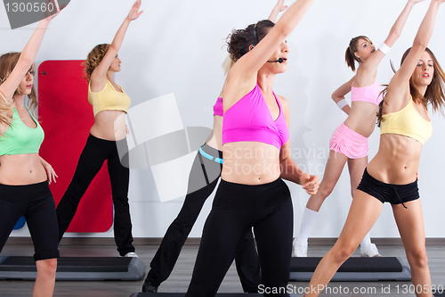 Image of Group of gym people in an aerobics class