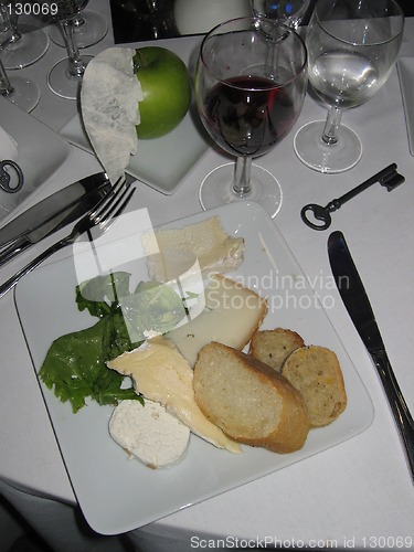 Image of Cheese, bread and wine