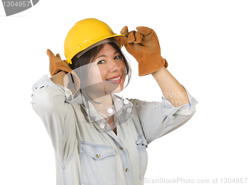 Image of Attractive Hispanic Woman with Hard Hat, Goggles and Work Gloves