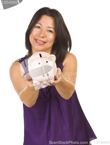 Image of Smiling Hispanic Woman Holding Piggy Bank on White