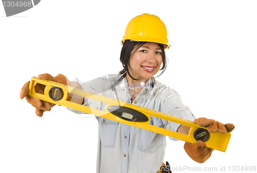 Image of Hispanic Woman with Hard Hat Holding Level