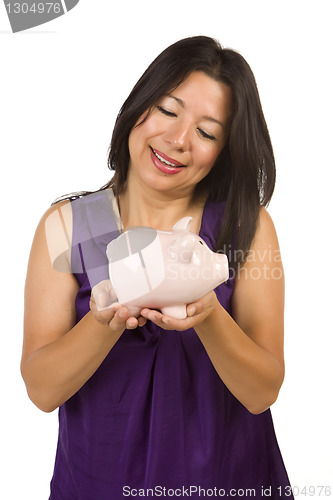 Image of Smiling Hispanic Woman Holding Piggy Bank on White