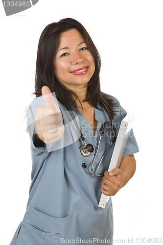 Image of Attractive Hispanic Doctor or Nurse with Thumbs Up