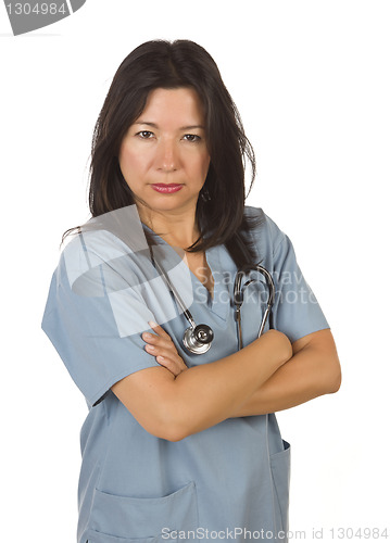 Image of Serious Hispanic Doctor or Nurse on White