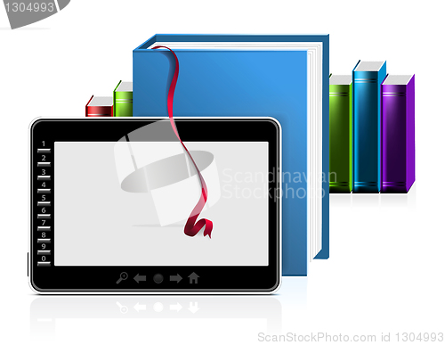 Image of E-book reader with stack of books on white