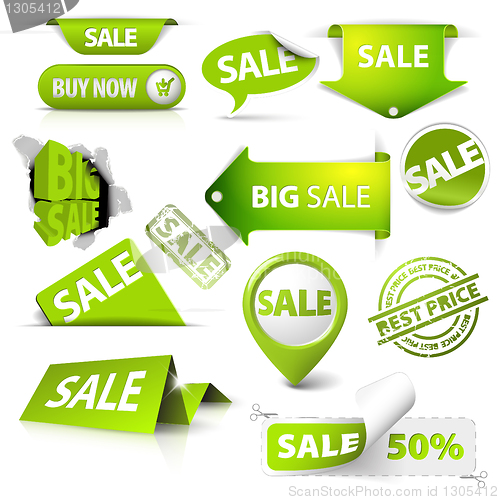 Image of Collection of vector green sale tickets, labels, stamps