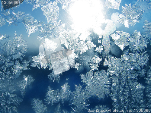 Image of ice patterns and sun on glass