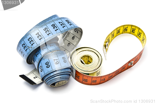 Image of Tape measure closeup on white background 