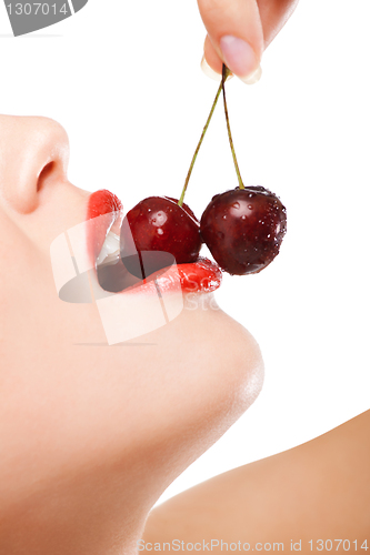 Image of young woman's mouth with red cherries