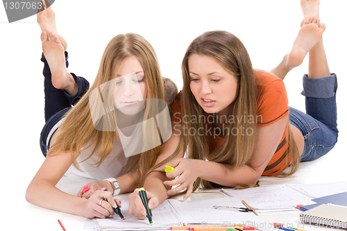 Image of two young happy student girl, isolated on white