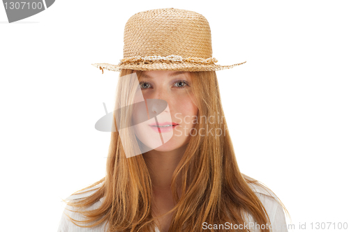 Image of blond woman and straw bonnet