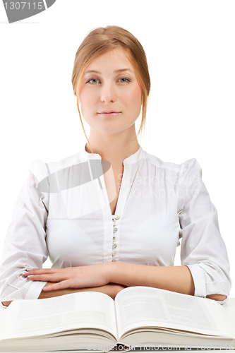 Image of Beautiful blonde student woman with book