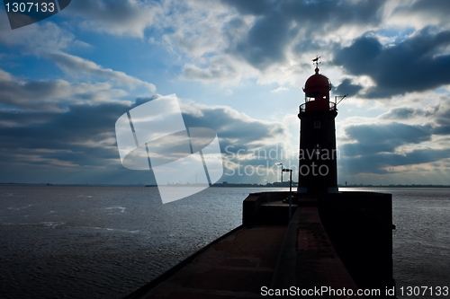 Image of lighthouse over blue sky in Bremerhaven
