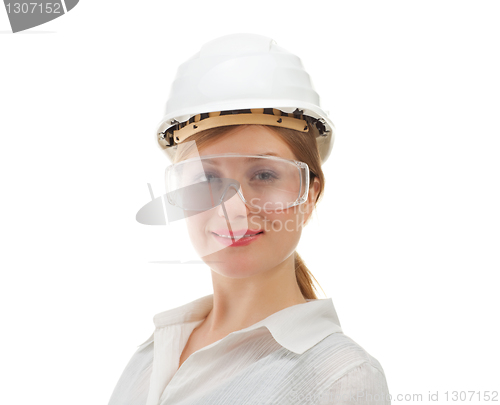 Image of beautiful businesswoman in helmet
