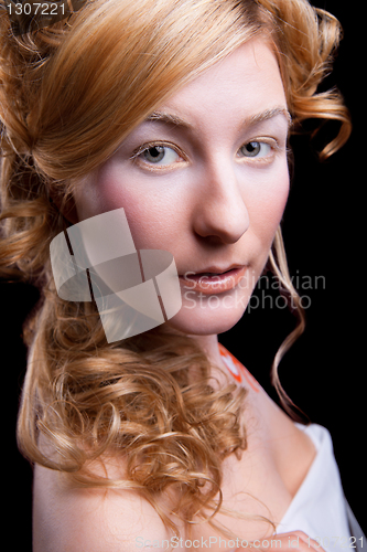 Image of Portrait of a young lady on red background