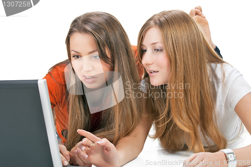 Image of two student girl with laptop