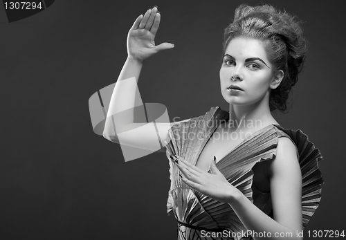 Image of Woman in old fashioned dress, in Black & White