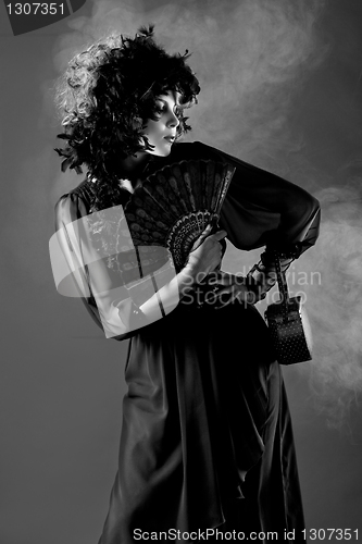 Image of Woman in old fashioned dress, in Black & White