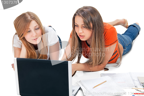 Image of two student girl with laptop