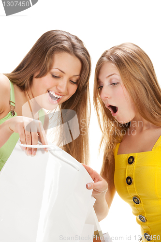 Image of Shopping. Two beautiful girl with bag