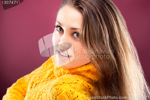 Image of Perfect blonde on red background