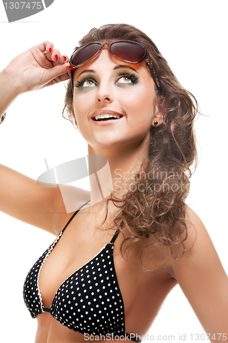 Image of beautiful brunette girl wearing bikini