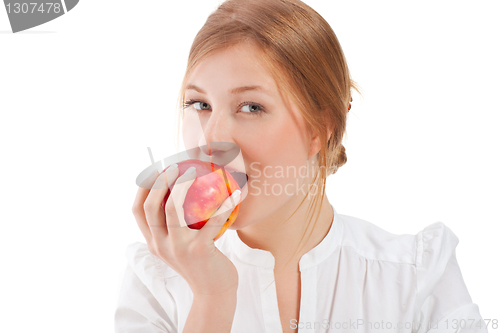 Image of Beautiful woman holding apple