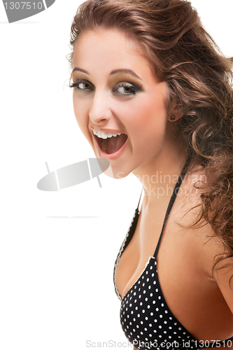 Image of beautiful brunette girl wearing bikini