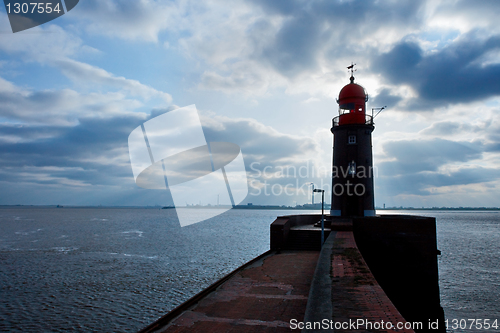 Image of lighthouse over blue sky in Bremerhaven