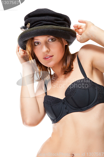 Image of pretty young woman with black bonnet