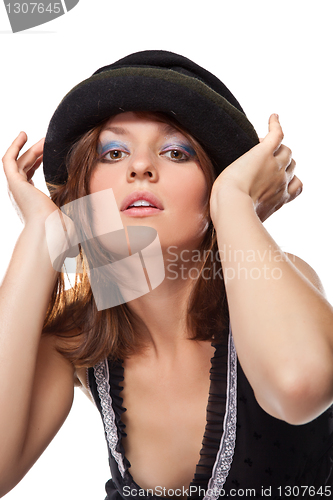 Image of pretty young woman with black bonnet