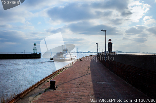 Image of lighthouse over blue sky in Bremerhaven