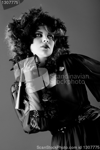 Image of Woman in old fashioned dress, in Black & White