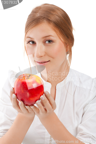Image of Beautiful woman holding apple